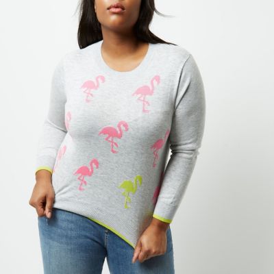 Plus grey knit pink flamingo tipped jumper
